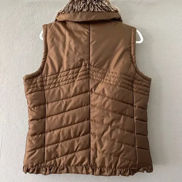 New Directions Brown Puffer Vest W/ Faux Fur Collar And Ruffle Detail Womens XL - Picture 5 of 12